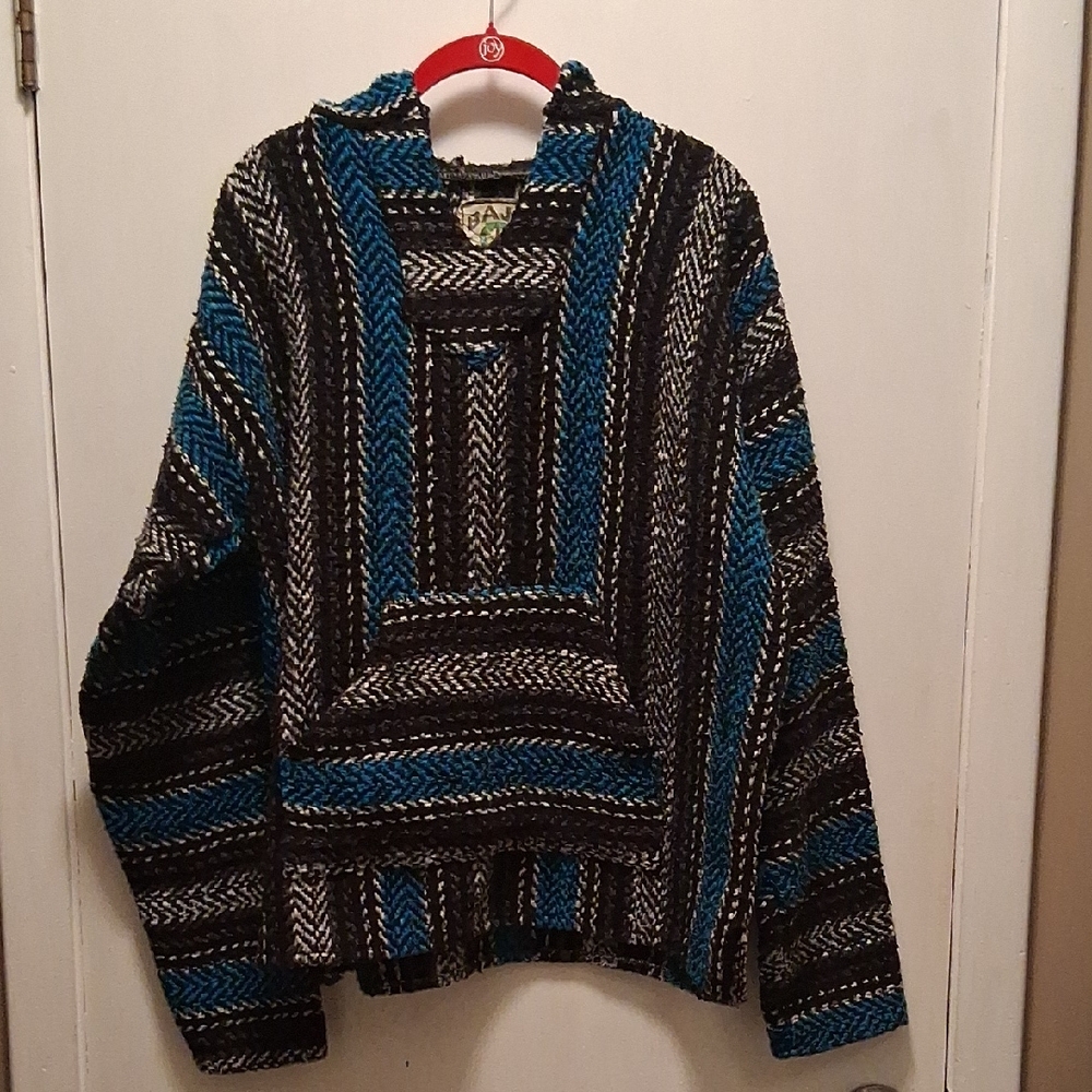 Baha Joe Striped Blue and Black Woven Pullover Hoodie Size M